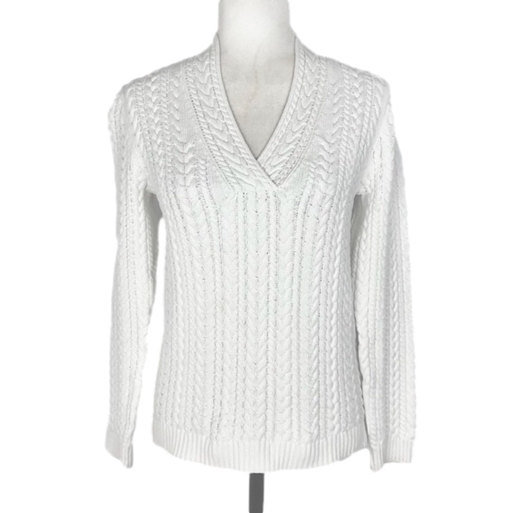 White v-neck cable-knit sweater